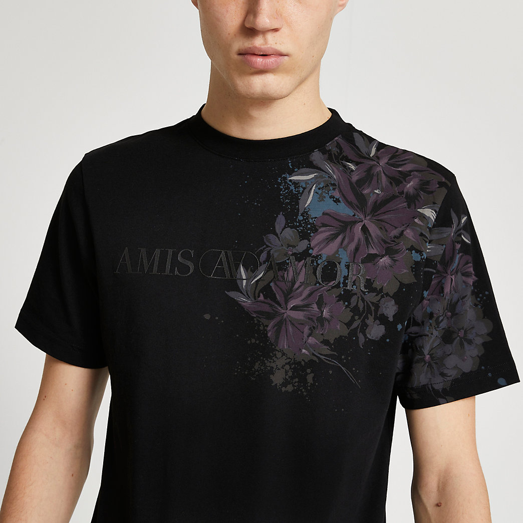 River Island Mens Black floral print slim fit tshirt The Fashionisto
