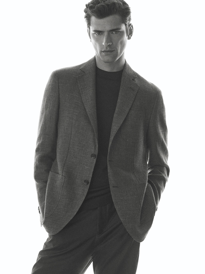 Appearing in a black and white photo, Sean O'Pry wears Massimo Dutti tailoring.