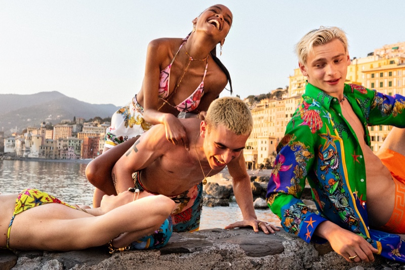 Simone Bricchi, Blesnya Minher, and Lucas Barski appears in the Versace La Vacanza campaign.