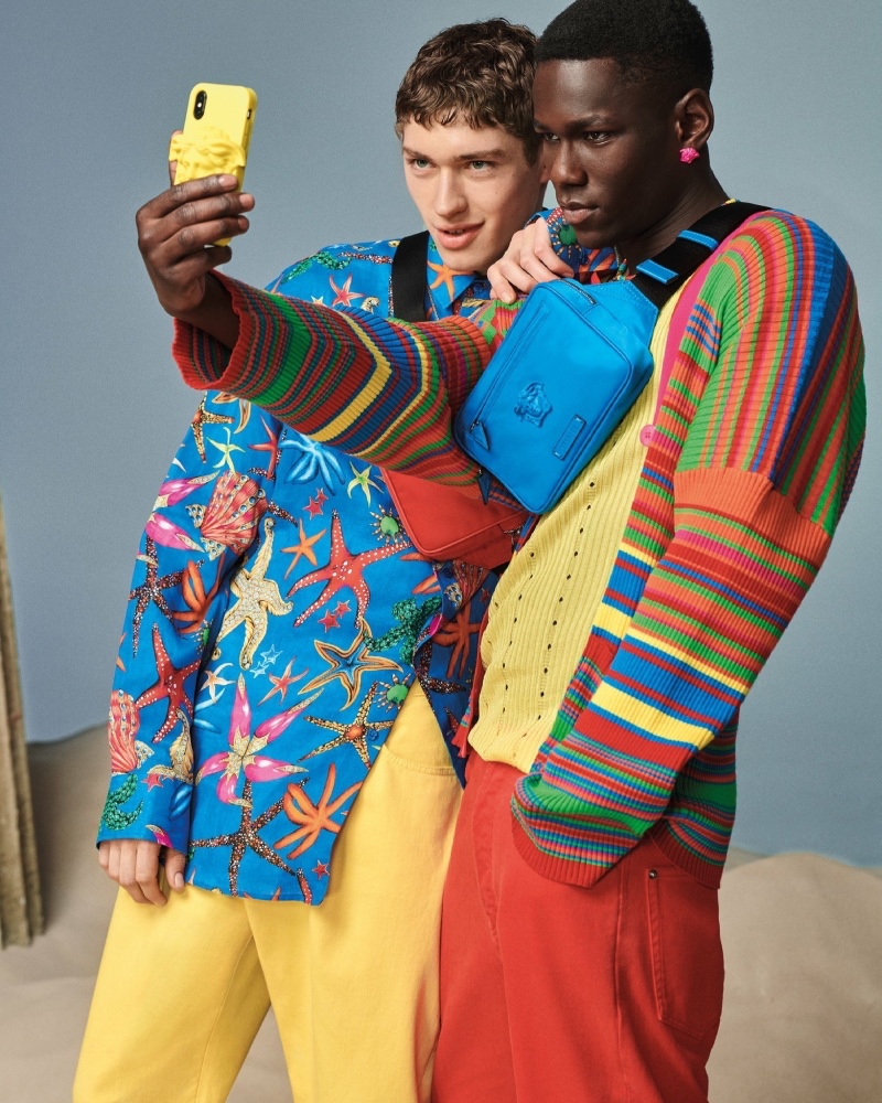 Posing for a selfie, Valentin Humbroich and Cheikh Dia front Versace's spring-summer 2021 men's accessories campaign.