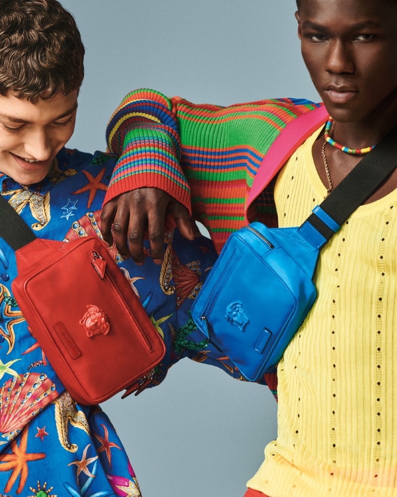 Versace enlists models Valentin Humbroich and Cheikh Dia as the stars of its spring-summer 2021 men's accessories campaign.