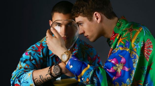 Simone Bricchi & Valentin Humbroich Front Versace Watches Campaign Models Simone Bricchi and Valentin Humbroich star in Versace's spring-summer 2021 watches campaign.