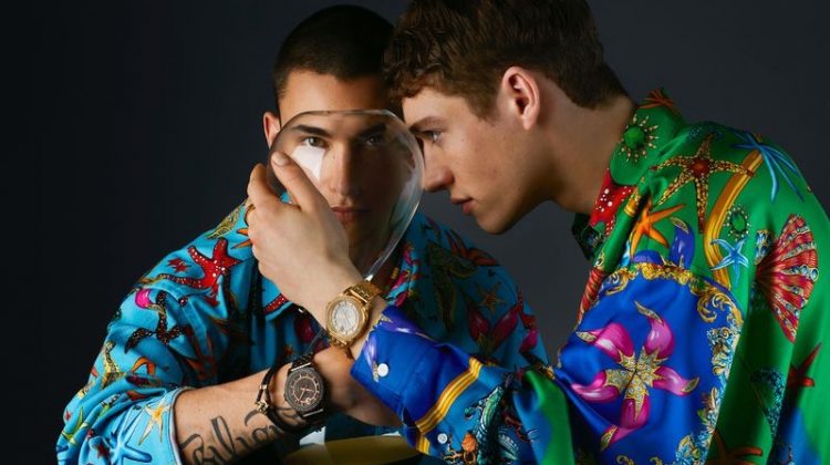 Models Simone Bricchi and Valentin Humbroich star in Versace's spring-summer 2021 watches campaign.