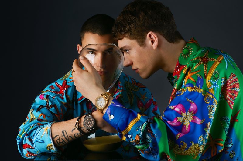Models Simone Bricchi and Valentin Humbroich star in Versace's  spring-summer 2021 watches campaign.