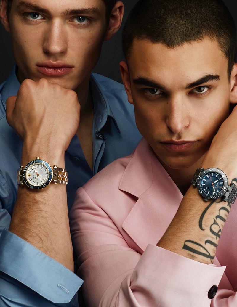 Giovanni Gastel  photographs Valentin Humbroich and Simone Bricchi for Versace's  spring-summer 2021 watches campaign.