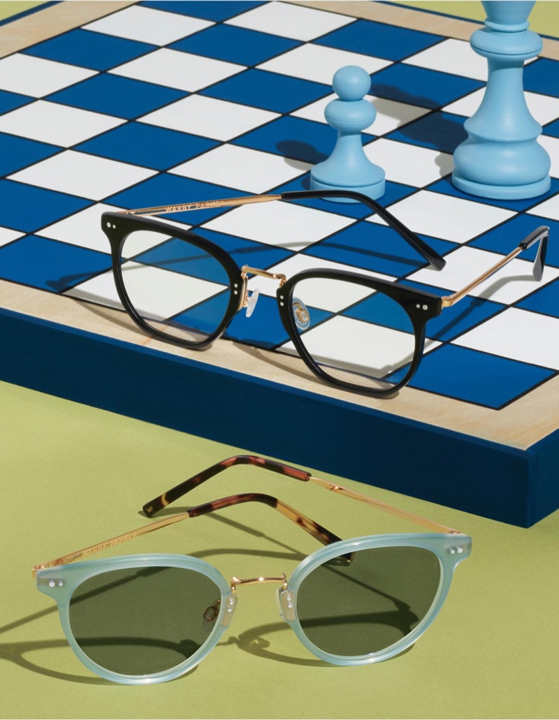 Warby Parker Halton Jet Black with Polished Gold Eyewear and Elina Blue Agave with Polished Gold Sunglasses