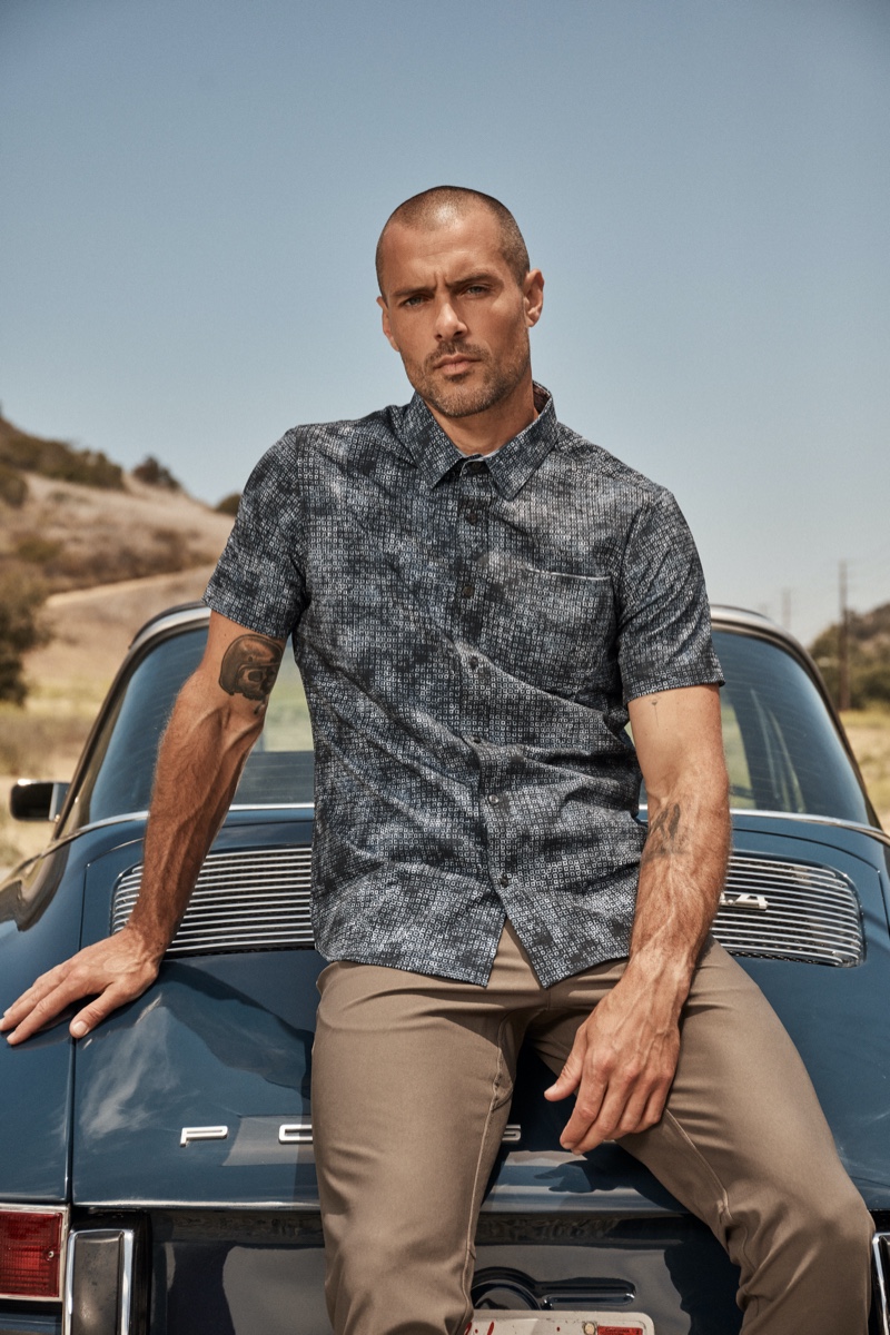 Sporting a printed short-sleeve shirt, Zac Taylor fronts 7Diamonds' summer 2021 campaign.