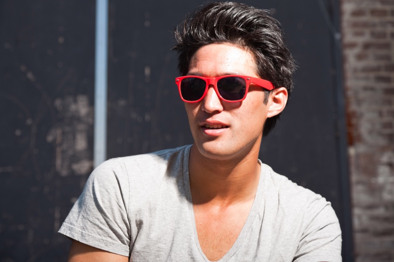 Asian Man Red Framed Sunglasses