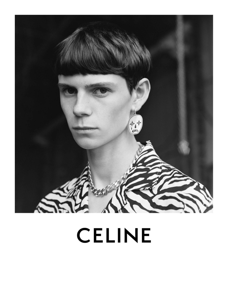 Ready for his close-up, Isaac Lane fronts Celine's spring-summer 2021 men's campaign in an animal print shirt.