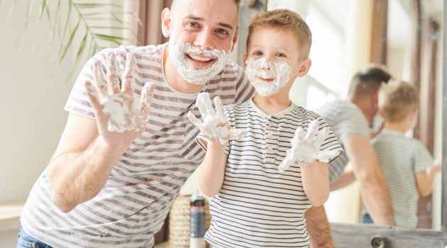 9 Matching Father & Son Look Ideas Father Son Matching Striped Shirts Shaving