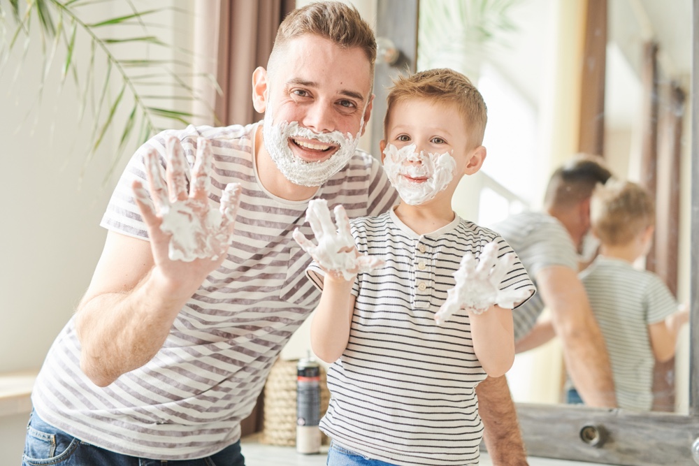 Father Son Matching Striped Shirts Shaving