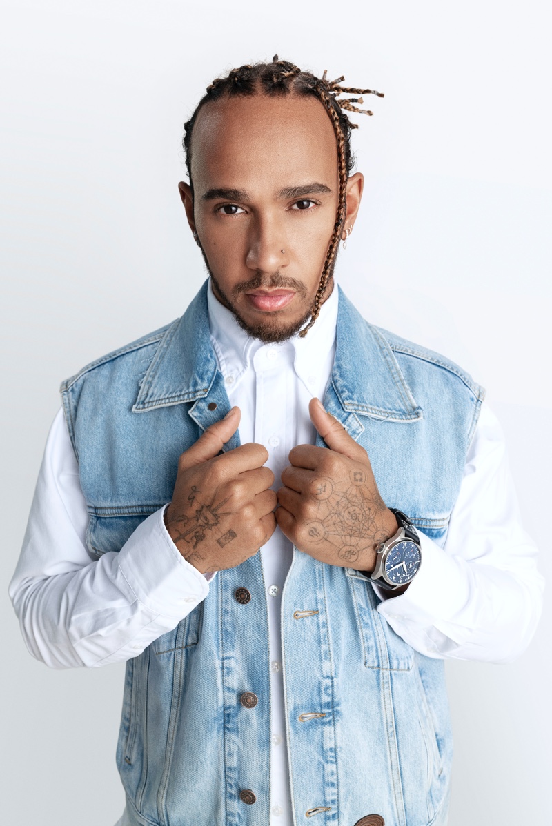 Photographed for IWC, Lewis Hamilton sports the brand's Big Pilot Perpetual Calendar watch.