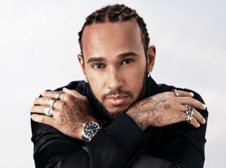 Front and center, Lewis Hamilton wears IWC's Big Pilot 43 watch for the brand's new advertising campaign.