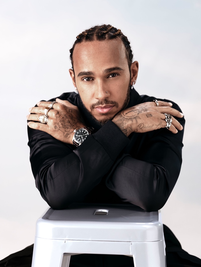 Front and center, Lewis Hamilton wears IWC's Big Pilot 43 watch for the brand's new advertising campaign.