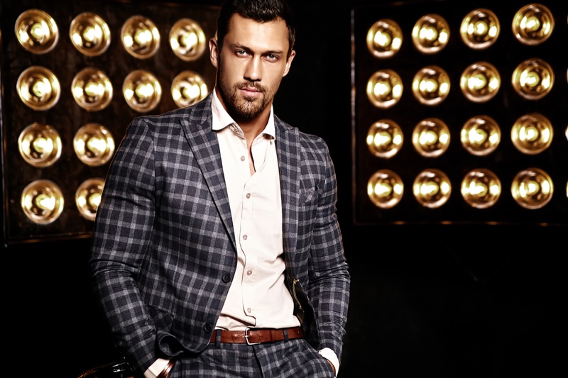 Male Model Plaid Suit Studio Lights