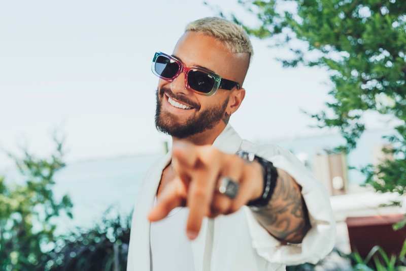 Quay's multicolored statement is front and center as Maluma dons the brand's popular Yada Yada sunglasses.
