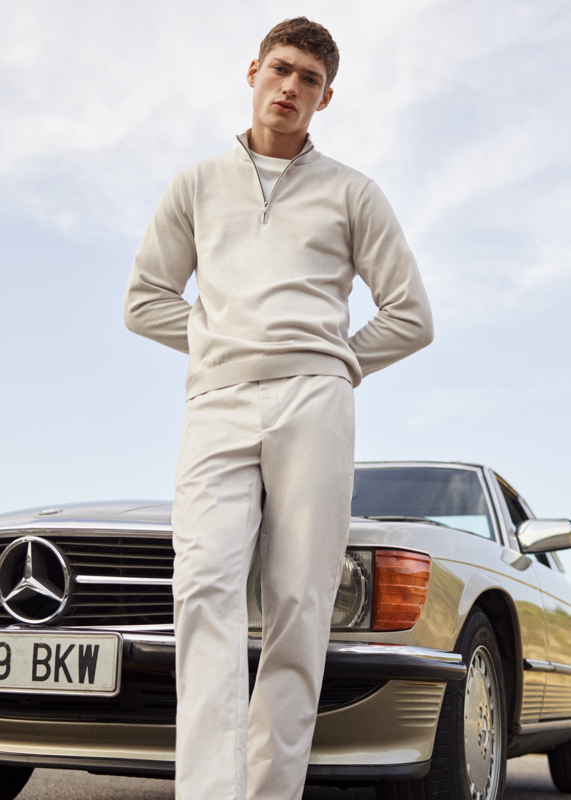 Valentin Humbroich embraces neutral tones in a fresh look from Mango Man's Clean collection.