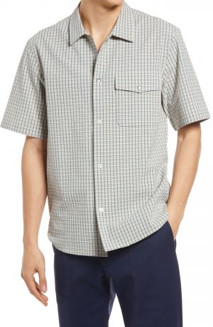 Men's Club Monaco Slim Fit Check Stretch Seersucker Short Sleeve Button-Up Shirt, Size Small - Grey Men's Club Monaco Slim Fit Check Stretch Seersucker Short Sleeve Button-Up Shirt, Size Small - Grey