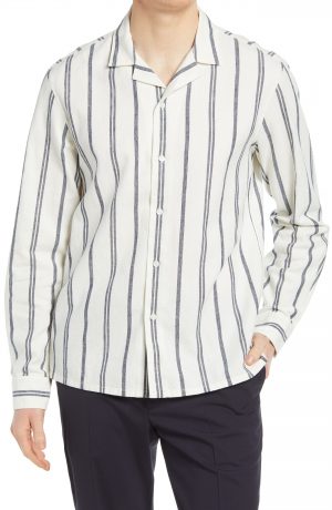 Men's Club Monaco Stripe Linen Blend Button-Up Shirt, Size Medium - White Men's Club Monaco Stripe Linen Blend Button-Up Shirt, Size Medium - White