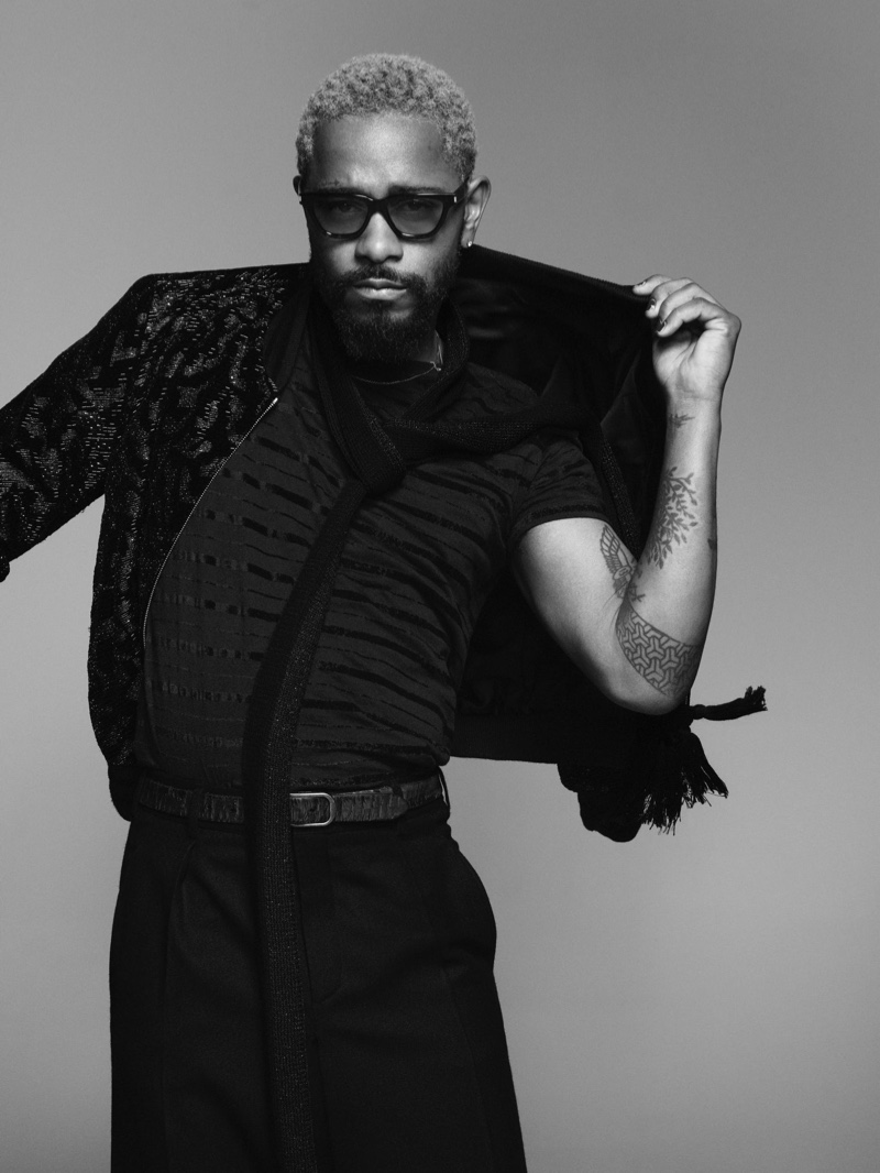 A cool vision in an all-black outfit, Lakeith Stanfield fronts Saint Laurent's fall-winter 2021 men's campaign.