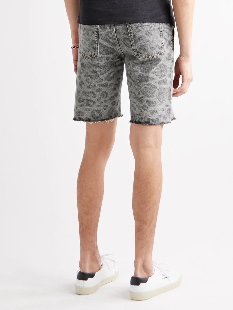 Saint Laurent Frayed Animal Print Denim Shorts