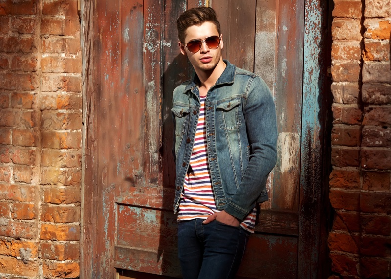 Trendy Man Denim Jacket Striped Shirt Jeans Casual Style