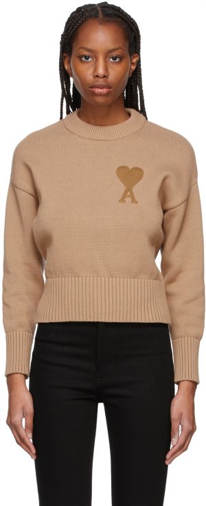 AMI Alexandre Mattiussi Beige Oversize Ami De Coeur Sweater AMI Alexandre Mattiussi Beige Oversize Ami De Coeur Sweater