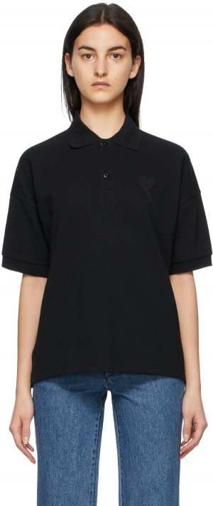 AMI Alexandre Mattiussi Black Ami De Coeur Polo AMI Alexandre Mattiussi Black Ami De Coeur Polo