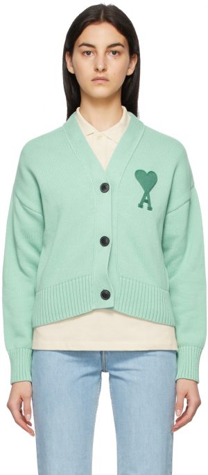 AMI Alexandre Mattiussi Green Ami De Coeur Cardigan AMI Alexandre Mattiussi Green Ami De Coeur Cardigan