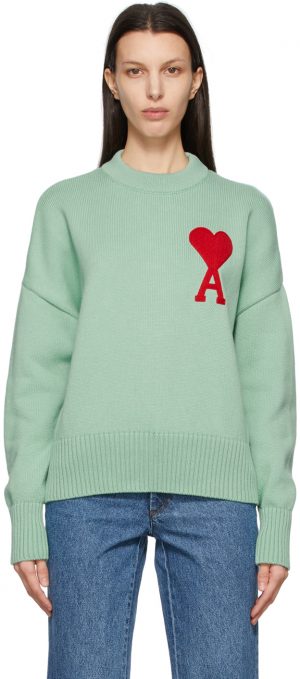AMI Alexandre Mattiussi Green Oversize Ami De Coeur Sweater AMI Alexandre Mattiussi Green Oversize Ami De Coeur Sweater