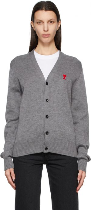 AMI Alexandre Mattiussi Grey Ami De Coeur Cardigan AMI Alexandre Mattiussi Grey Ami De Coeur Cardigan