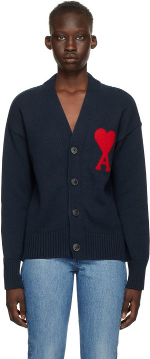 AMI Alexandre Mattiussi Navy Ami De Coeur Oversize Cardigan AMI Alexandre Mattiussi Navy Ami De Coeur Oversize Cardigan