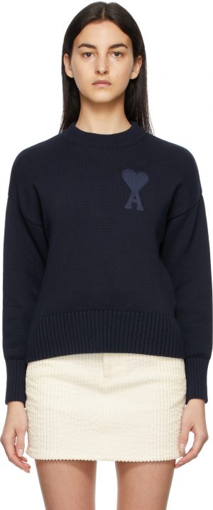 AMI Alexandre Mattiussi Navy Crewneck Ami De Coeur Sweater AMI Alexandre Mattiussi Navy Crewneck Ami De Coeur Sweater