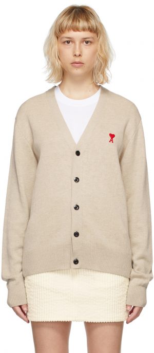 AMI Alexandre Mattiussi Off-White Merino Ami De Coeur Cardigan AMI Alexandre Mattiussi Off-White Merino Ami De Coeur Cardigan