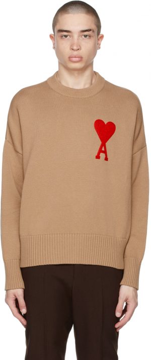 AMI Alexandre Mattiussi SSENSE Exclusive Beige Oversize Ami De Coeur Sweater AMI Alexandre Mattiussi SSENSE Exclusive Beige Oversize Ami De Coeur Sweater