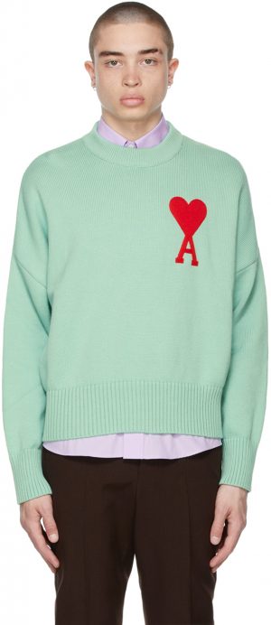 AMI Alexandre Mattiussi SSENSE Exclusive Green Oversize Ami De Coeur Sweater AMI Alexandre Mattiussi SSENSE Exclusive Green Oversize Ami De Coeur Sweater