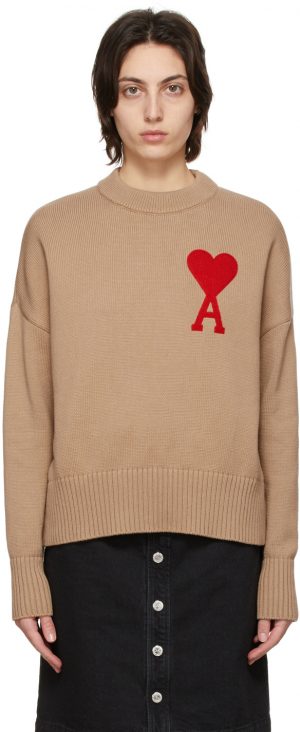 AMI Alexandre Mattiussi Tan Oversize Ami De Coeur Sweater AMI Alexandre Mattiussi Tan Oversize Ami De Coeur Sweater