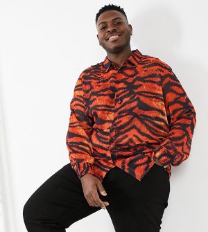 ASOS DESIGN Plus regular fit shirt with blouson sleeves in sheer animal print-Red ASOS DESIGN Plus regular fit shirt with blouson sleeves in sheer animal print-Red