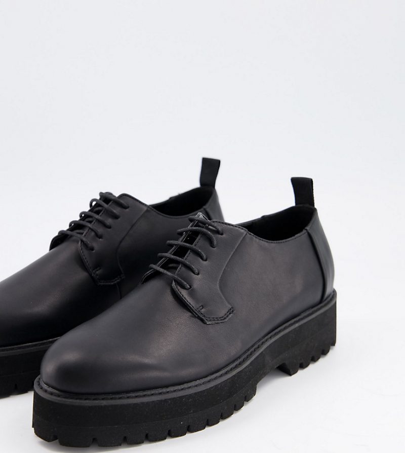 ASOS DESIGN Wide Fit lace up shoes in black faux leather with raised ...