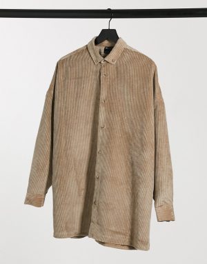 ASOS DESIGN extreme oversized cord shirt in stone-Neutral ASOS DESIGN extreme oversized cord shirt in stone-Neutral