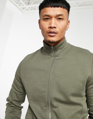 ASOS DESIGN jersey track jacket in khaki with funnel neck and chunky zip-Green ASOS DESIGN jersey track jacket in khaki with funnel neck and chunky zip-Green