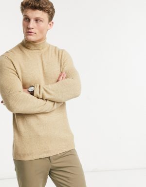 ASOS DESIGN knit roll neck sweater in soft camel yarn-Brown ASOS DESIGN knit roll neck sweater in soft camel yarn-Brown