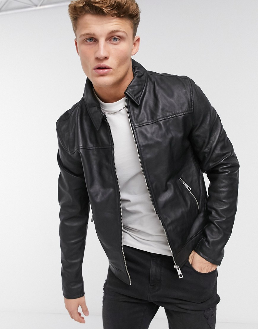 ASOS DESIGN leather harrington jacket in black | The Fashionisto