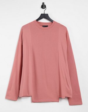 ASOS DESIGN long sleeve oversized contrast t-shirt in blush pink-Red ASOS DESIGN long sleeve oversized contrast t-shirt in blush pink-Red