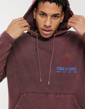 ASOS DESIGN oversized hoodie in brown acid wash with chest print ASOS DESIGN oversized hoodie in brown acid wash with chest print
