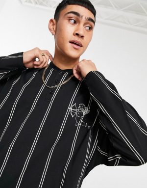 ASOS DESIGN oversized long sleeve stripe T-shirt with bomber neck in black & white-Multi ASOS DESIGN oversized long sleeve stripe T-shirt with bomber neck in black & white-Multi