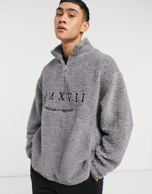 ASOS DESIGN oversized teddy sweatshirt with half zip & Roman numerals embroidery-Grey ASOS DESIGN oversized teddy sweatshirt with half zip & Roman numerals embroidery-Grey