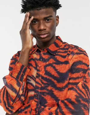 ASOS DESIGN regular fit shirt with blouson sleeves in sheer animal print-Red ASOS DESIGN regular fit shirt with blouson sleeves in sheer animal print-Red