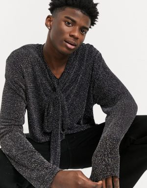 ASOS DESIGN relaxed long sleeve t-shirt with pussy bow in silver glitter-Black ASOS DESIGN relaxed long sleeve t-shirt with pussy bow in silver glitter-Black