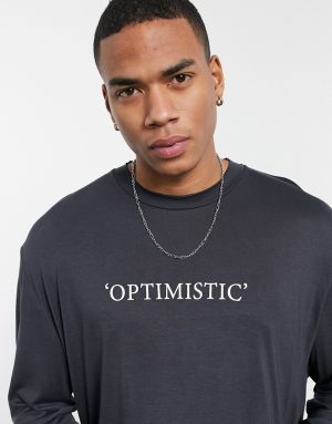 ASOS DESIGN relaxed long sleeve viscose t-shirt with front text print in gray-Grey ASOS DESIGN relaxed long sleeve viscose t-shirt with front text print in gray-Grey